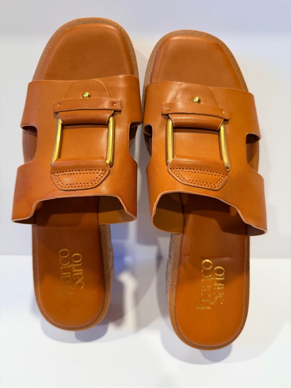 Franco Sarto Tan Leather Slide Sandals with Gold Buckle Accent